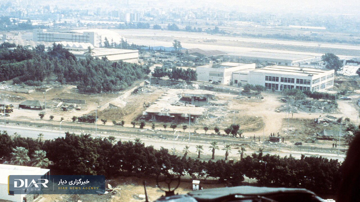 نمای هوایی ویرانه مقر گردان تفنگداران دریایی آمریکا در فرودگاه بین‌المللی بیروت پس از انفجار آبان ۱۳۶۲